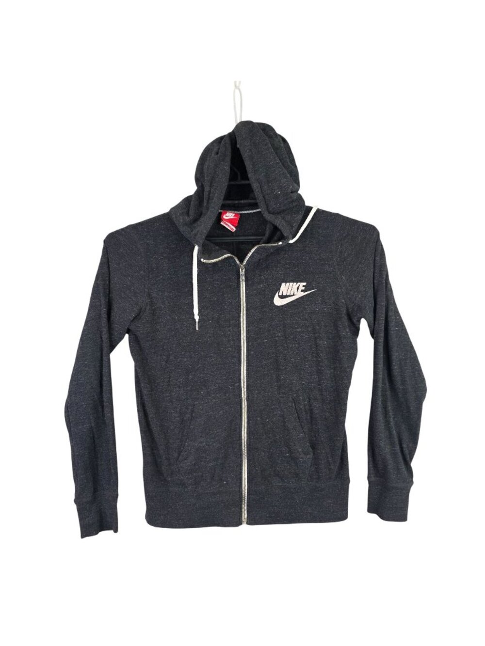 Women Vintage Nike Dark Gray Gym Full Zip Hoodie Sweatshirt Cotton Blend Size L